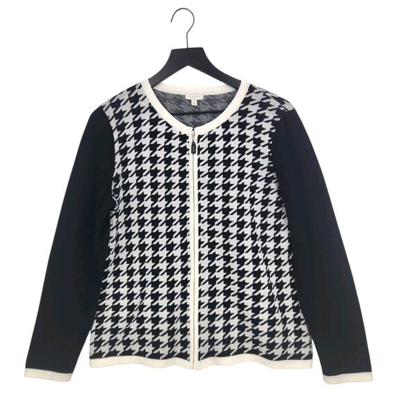 Talbots Full Zip Sweater Jacket Medium Black Houndstooth Academia Holiday Preppy - Picture 1 of 9
